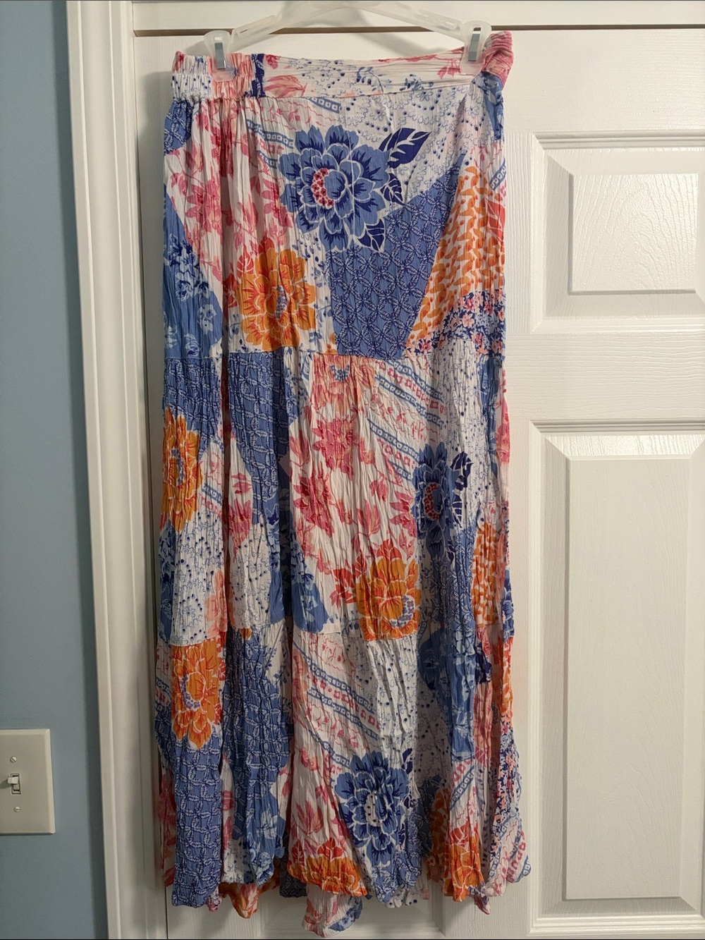 Angie Boho Patchwork Floral Maxi Skirt in Blue, Orange & Pink
